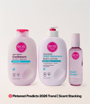 Three eos products on a white background with 'Pinterest Predicts 2026 Trend | Scent Stacking' text.