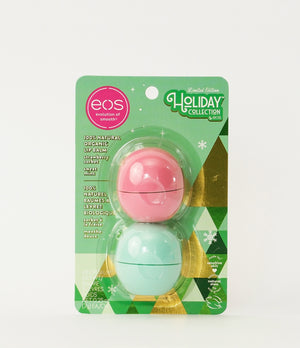 Two lip balms in pink and green packaging with eos branding on a white background