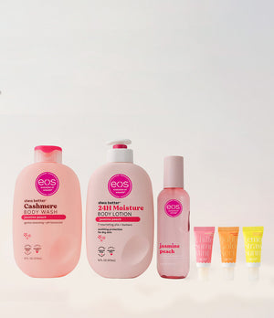 eos skincare products including body wash, lotion, and lip balm on a light gray background