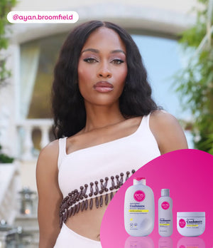 A woman wearing a white asymmetrical top stands outdoors, with three skincare products from B2O Cosmetics displayed in a pink circular graphic overlay in the bottom right corner.