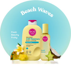 Two EOS beach waves products with tropical elements on a light blue background