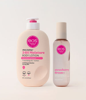 Two eos products, a lotion bottle and a spray bottle, on a light background.