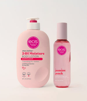 Two EOS products, a body lotion and a spray bottle, on a light background