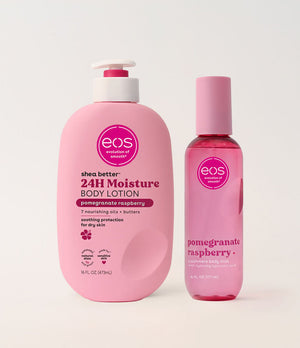 Two pink bottles of eos shea butter lotion on a light pink background