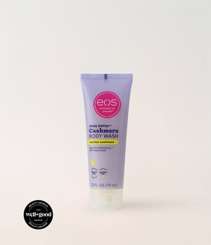 Eos Cashmere Body Wash tube on a white background with a 'well-good' beauty brand badge.