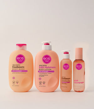 Collection of eos skincare products on a light background