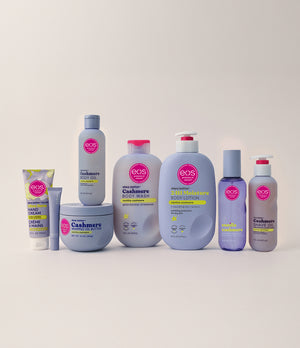 Collection of eos skin care products on a light background