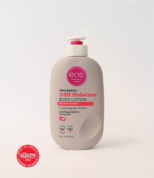 EOS shea butter 24H moisture body lotion bottle on a white background with Allure award badge.