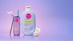 Two eos products on a gradient purple background with flowers.