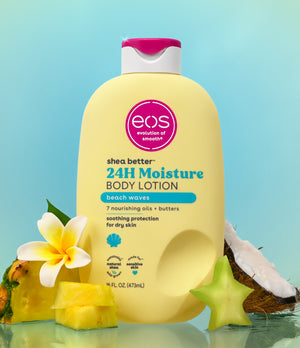 EOS shea butter 24H Moisture body lotion with beach-themed elements on a blue background