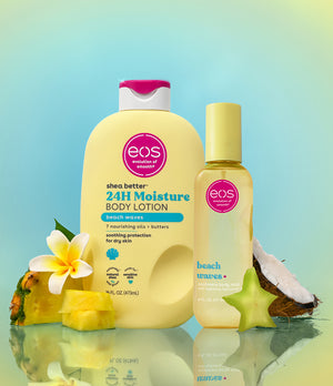 Two EOS body products on a reflective surface with a blue gradient background