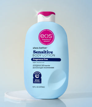 EOS Sensitive Body Lotion bottle on a light gray background