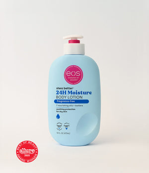 Blue bottle of eos 24H Moisture Body Lotion on a white background with Allure Best of Beauty award badge.