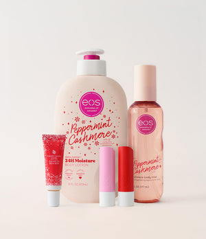 eos Peppermint Cashmere skincare products on a light background