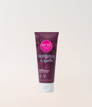 A squeeze tube of EOS Frosted Plum & Amber moisturizing body lotion, featuring a deep plum purple design with a pink circular EOS logo and a white cap, set against a clean off-white background.