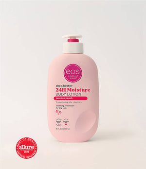 Pink bottle of eos 24H Moisture Body Lotion on a white background