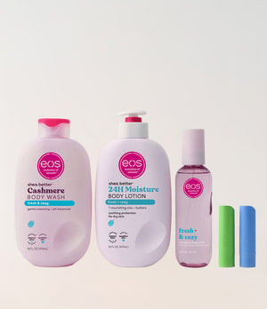 eos skincare products including body wash, lotion, and freshener on a light background
