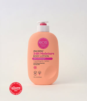 Pink bottle of eos shea butter 24H moisture body lotion on a white background with Allure award badge.