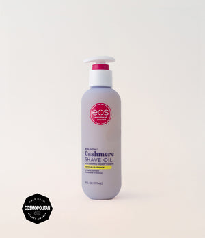 Shave oil bottle with eos logo on a light background