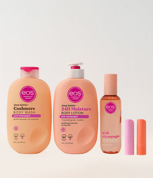 Collection of EOS skincare products on a light gray background