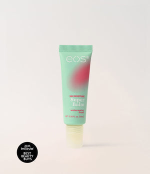 Tube of EOS Super Balm on a light gray background with 'InStyle' Best Beauty Buys' badge.