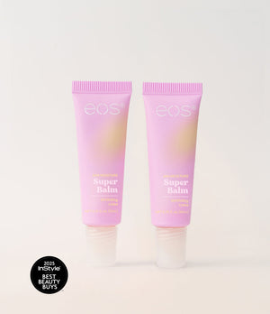 Two tubes of eos Super Balm with a gradient color on a white background, featuring the 'InStyle Best Beauty Buys' award.