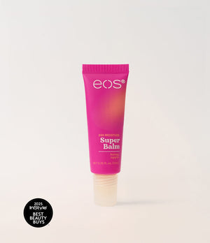 Pink tube of eos Super Balm on a light gray background