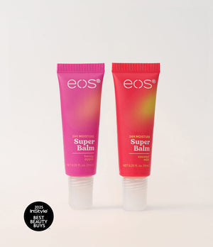 Two tubes of eos Super Balm on a white background with 'InStyle' Best Beauty Buys' badge.