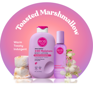 eos Toasted Marshmallow body lotion and serum with marshmallows and flowers on a pink background