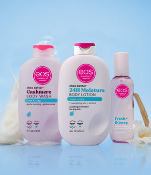 Three eos products on a light blue background