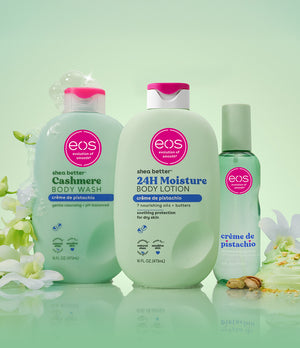 Three EOS products on a green background with flowers.
