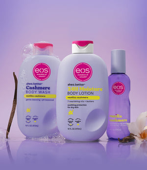 Three eos products on a purple background with cashmere and vanilla scents.