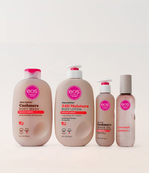 Set of EOS skincare products including body wash, lotion, shave oil, and spray on a white background