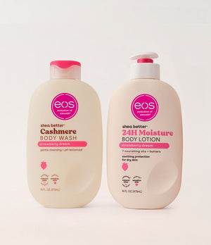 Two eos body products, a body wash and a lotion, on a white background.