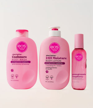 Three pink bottles of eos products on a white background