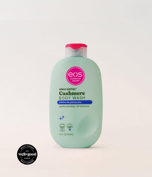 Green bottle of eos Cashmere Body Wash on a white background