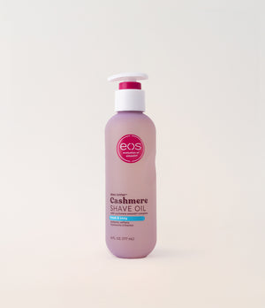 EOS Cashmere Shave Oil bottle on a light pink background