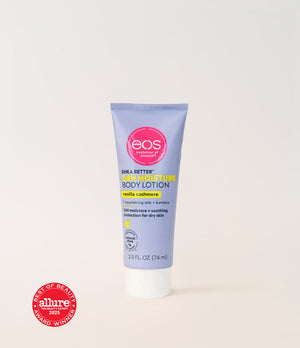 Tube of eos shea butter body lotion on a light beige background with Allure Best of Beauty 2025 badge.