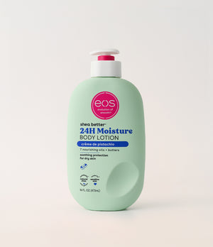 Green bottle of eos shea butter 24-hour moisture body lotion on a white background