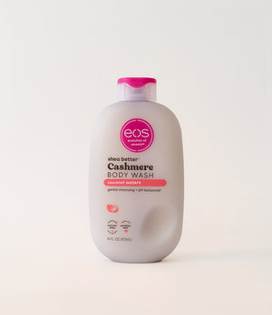 A bottle of EOS Coconut Waters Body Wash with a pink cap on a white background.
