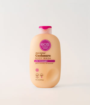 A bottle of EOS Pink Champagne Body Wash with a pink cap on a white background.