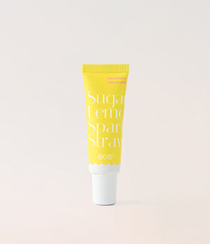 Yellow tube of eos lip balm with 'Sugar Lemon Spark Straw' text on a light gray background