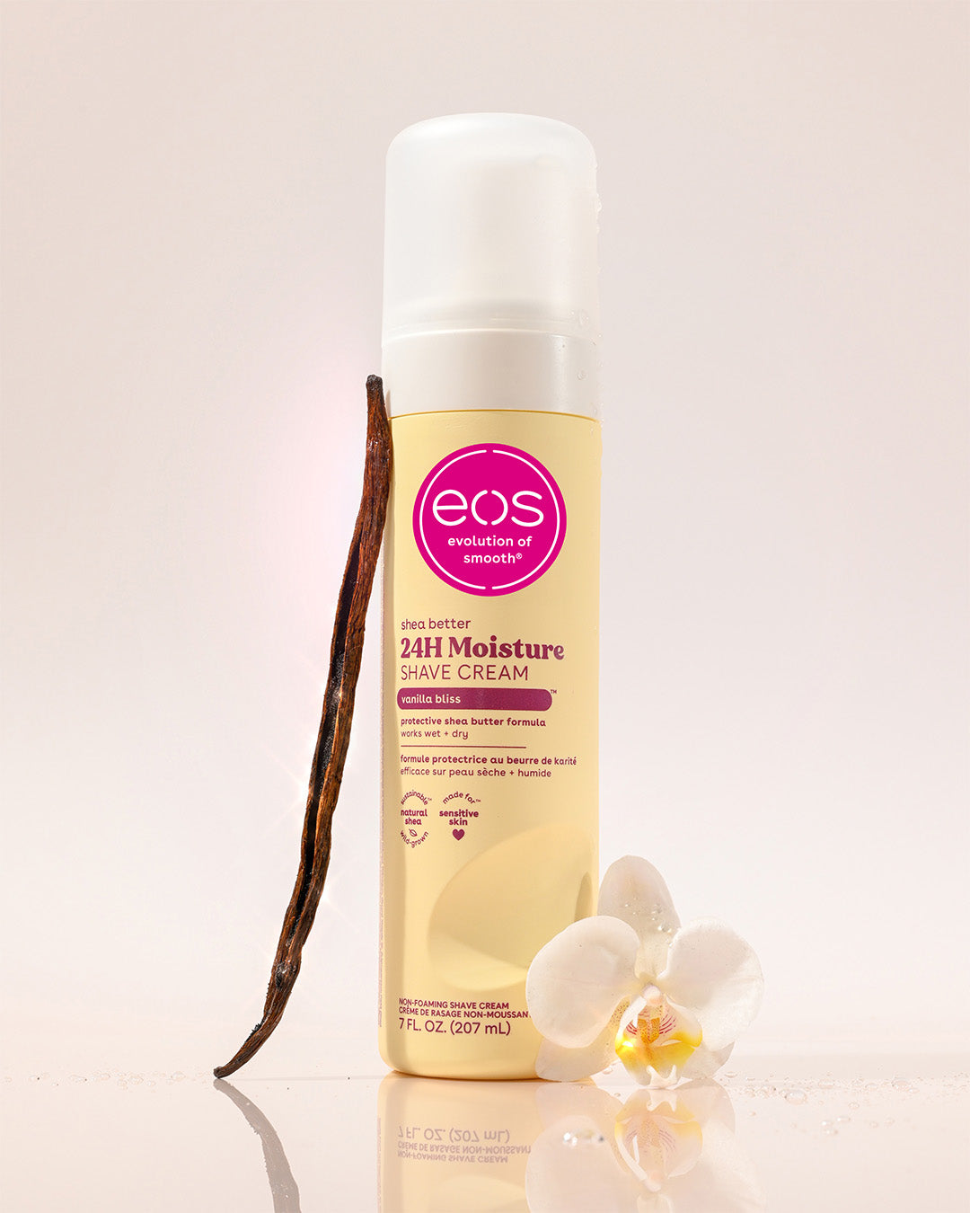 eos Vanilla Bean Shave Cream with vanilla bean fragrance notes on a cream background