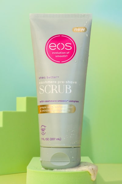 Cashmere Pre-Shave Scrub tube sitting on top of formula
