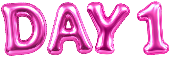 Pink metallic foil balloons spelling out the words 'DAY 1' on a plain white background.
