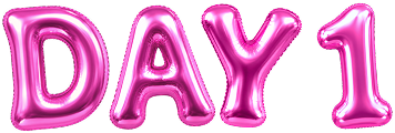 Pink metallic foil letter balloons spelling out 'DAY 1' on a plain white background.