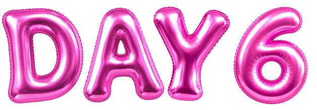 Pink metallic foil balloon letters spelling out 'DAY 6' on a plain white background.