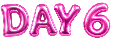 Pink metallic foil balloon letters spelling 'DAY 6' on a plain white background.