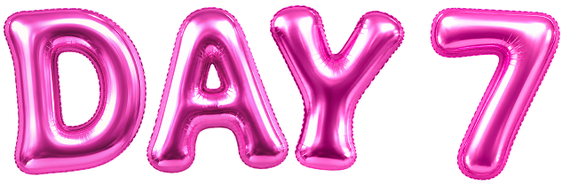 Pink metallic foil balloon letters spelling out 'DAY 7' on a plain white background.