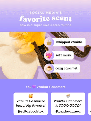 Social Media's favorite scent now in a super luxe 3-step routine! Image highlighting our Vanilla Cashmere scent, followed by reviews
